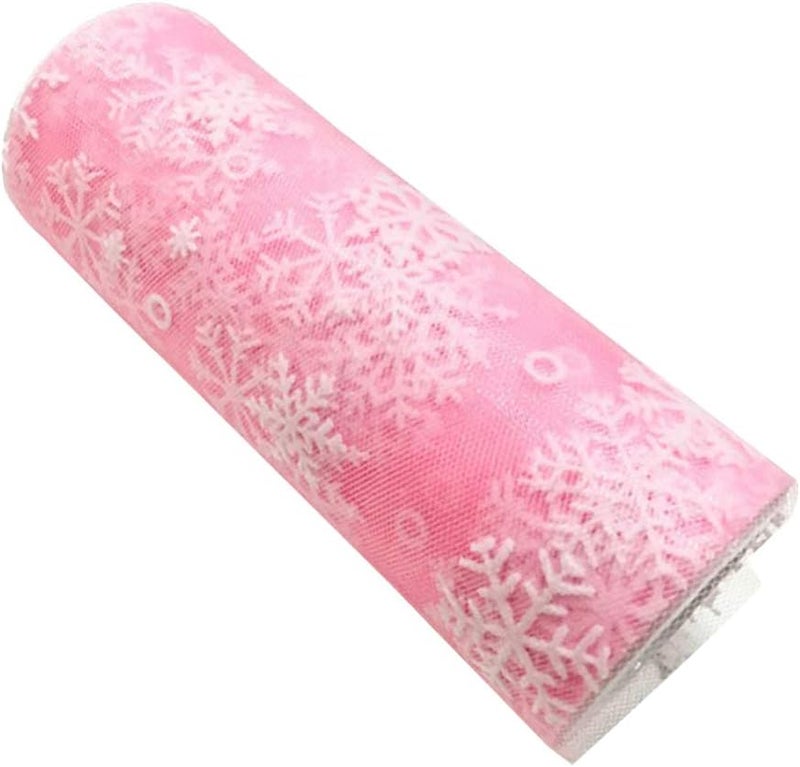 comfrt 10 Yards Christmas Snowflake Tulle Roll Glitter Gauze Ribbon Fabric Tulle Gift Wrapping Tutu Skirts Sewing Crafting Party Decoration 15cm (Pink) - Image 1