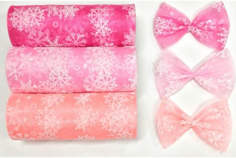 comfrt 10 Yards Christmas Snowflake Tulle Roll Glitter Gauze Ribbon Fabric Tulle Gift Wrapping Tutu Skirts Sewing Crafting Party Decoration 15cm (Pink) - Image 4