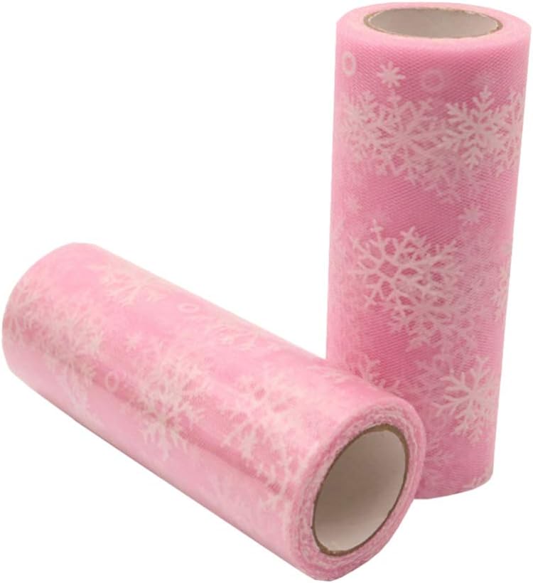 comfrt 10 Yards Christmas Snowflake Tulle Roll Glitter Gauze Ribbon Fabric Tulle Gift Wrapping Tutu Skirts Sewing Crafting Party Decoration 15cm (Pink) - Image 2