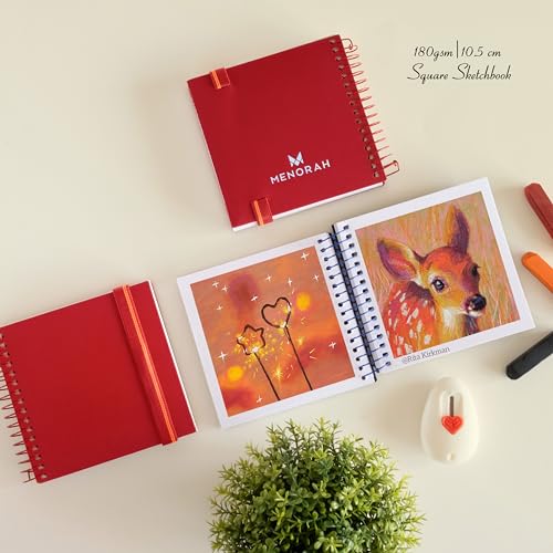 MENORAH - Artist Sketchbook - Square- 180gsm - Size (10.5 x 10.5 cm) Pack of 2 - Small Travel Size Sketch Book- 100 Pages/50 Sheets - Hard Metal Spiral Bound - Art Book (RED) - Image 5