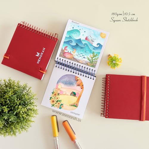 MENORAH - Artist Sketchbook - Square- 180gsm - Size (10.5 x 10.5 cm) Pack of 2 - Small Travel Size Sketch Book- 100 Pages/50 Sheets - Hard Metal Spiral Bound - Art Book (RED) - Image 4