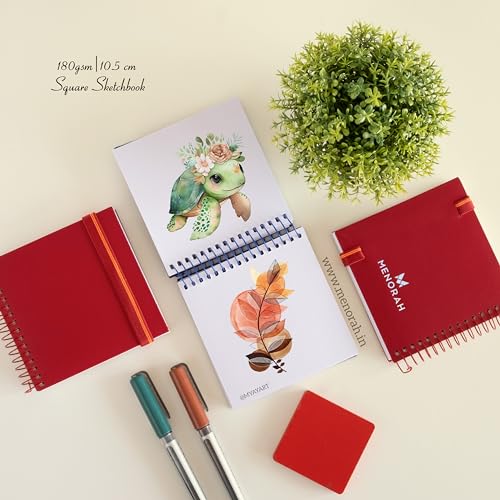 MENORAH - Artist Sketchbook - Square- 180gsm - Size (10.5 x 10.5 cm) Pack of 2 - Small Travel Size Sketch Book- 100 Pages/50 Sheets - Hard Metal Spiral Bound - Art Book (RED) - Image 3