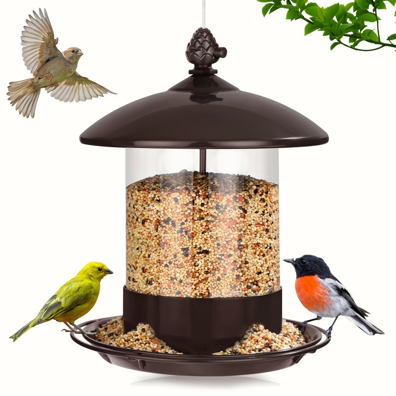 Gbekery Metal Bird Feeders for Outdoors Hanging, Weather Resistant Wild Bird Feeder with 360 Degree Feeding Tray, Brown - Image 1