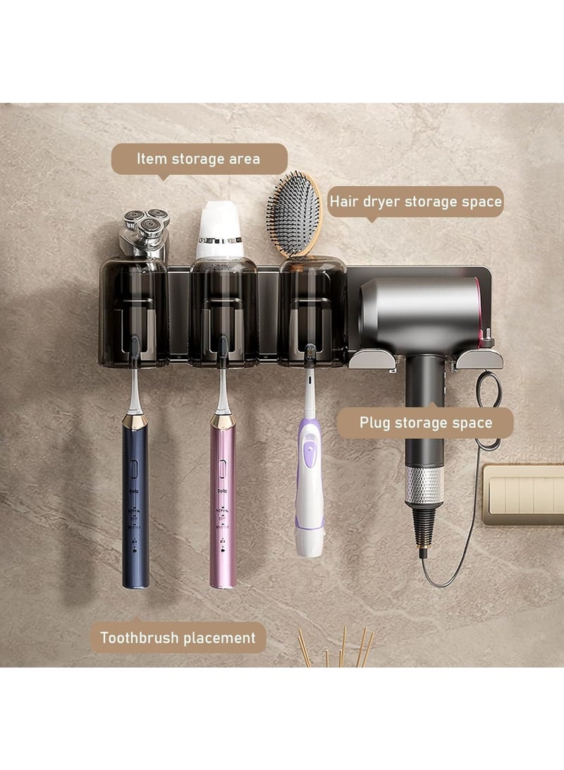 Zikra Bathroom Toothbrush Holders, Toothbrush Holders Wall Mounted with Hair Dryer Holder, 2 Cups, 2 Brush Slots, 2 Storage Grids, Nail-free Glue, Toothbrush Holders Bathroom Accessories, Grey - Image 3