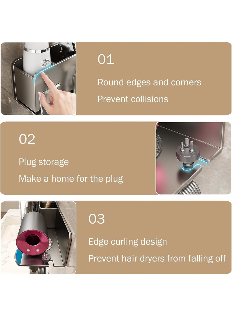 Zikra Bathroom Toothbrush Holders, Toothbrush Holders Wall Mounted with Hair Dryer Holder, 2 Cups, 2 Brush Slots, 2 Storage Grids, Nail-free Glue, Toothbrush Holders Bathroom Accessories, Grey - Image 5
