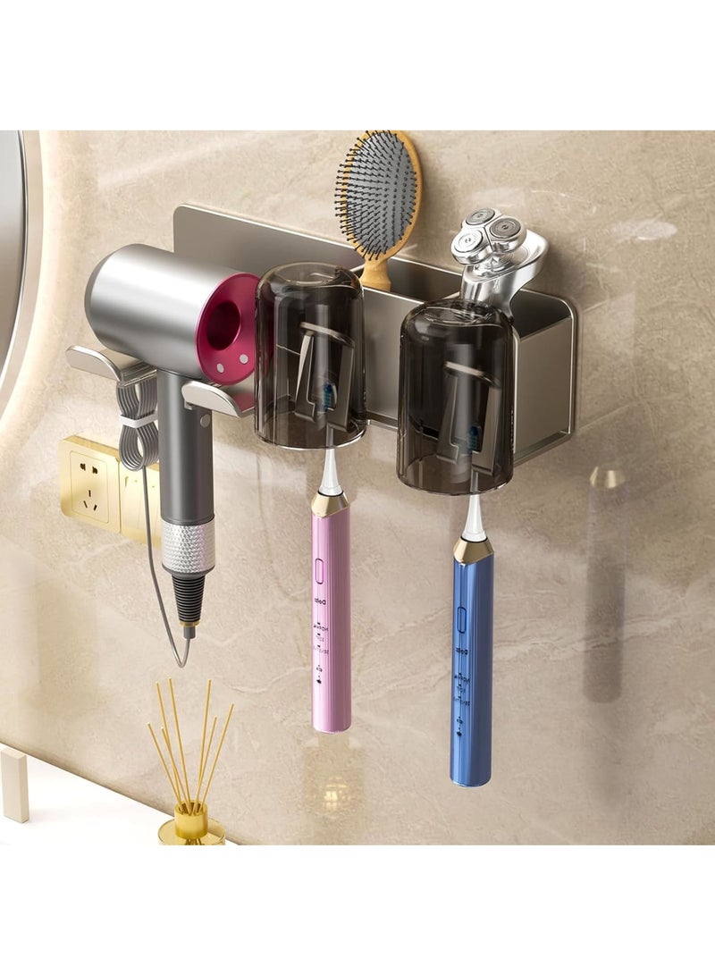 Zikra Bathroom Toothbrush Holders, Toothbrush Holders Wall Mounted with Hair Dryer Holder, 2 Cups, 2 Brush Slots, 2 Storage Grids, Nail-free Glue, Toothbrush Holders Bathroom Accessories, Grey - Image 1