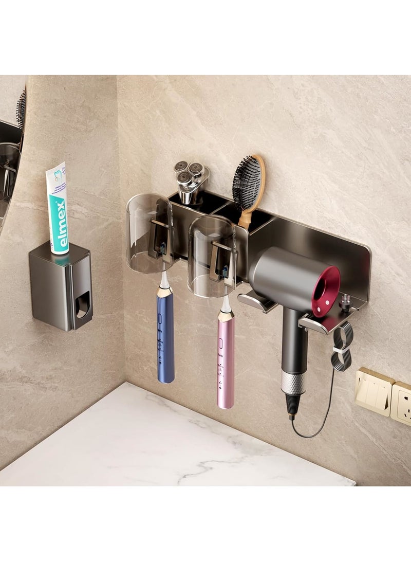 Zikra Bathroom Toothbrush Holders, Toothbrush Holders Wall Mounted with Hair Dryer Holder, 2 Cups, 2 Brush Slots, 2 Storage Grids, Nail-free Glue, Toothbrush Holders Bathroom Accessories, Grey - Image 2
