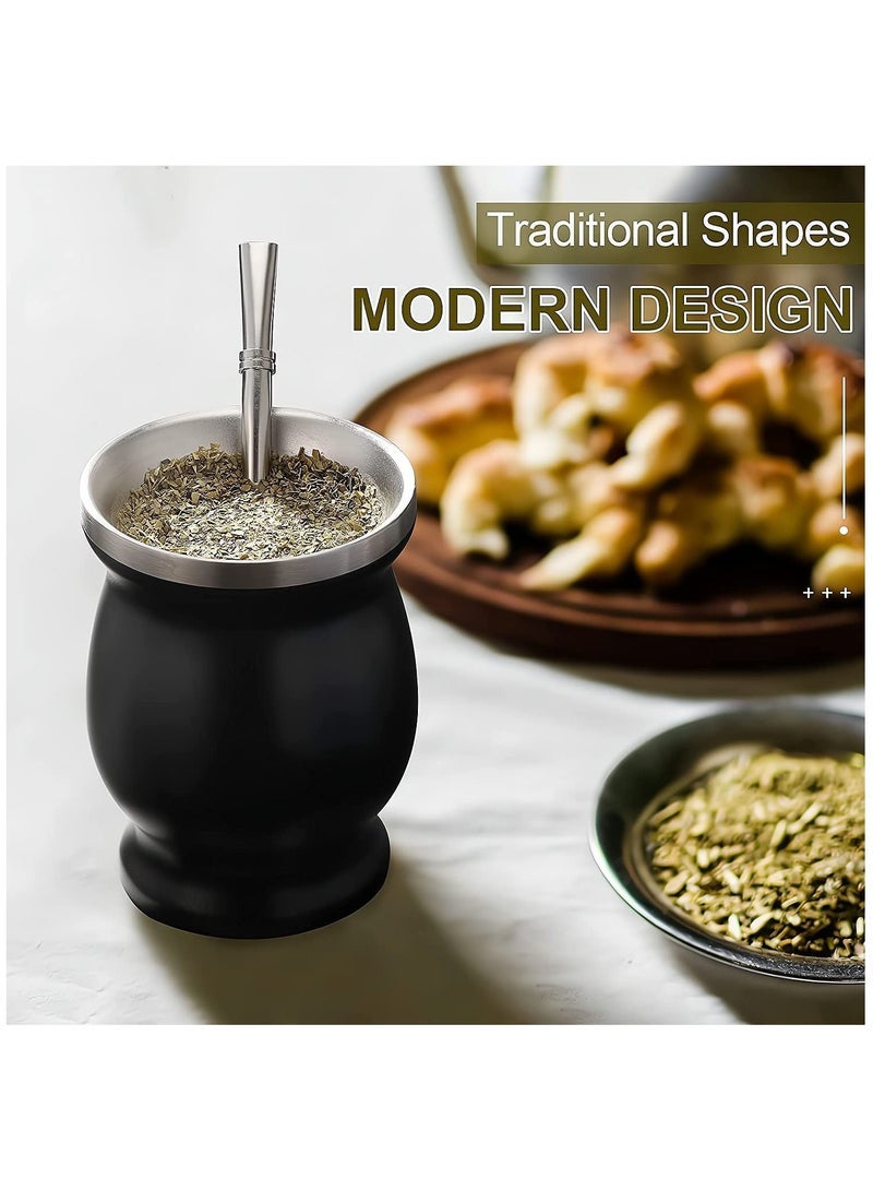Yerba Mate Tea Cup, Mate Gourds Cup with Straws and Cleaning Brush, Stainless Steel Double Wall Insulation Cup for Mate Loose Leaf, 8 Ounces (Black) - Image 3