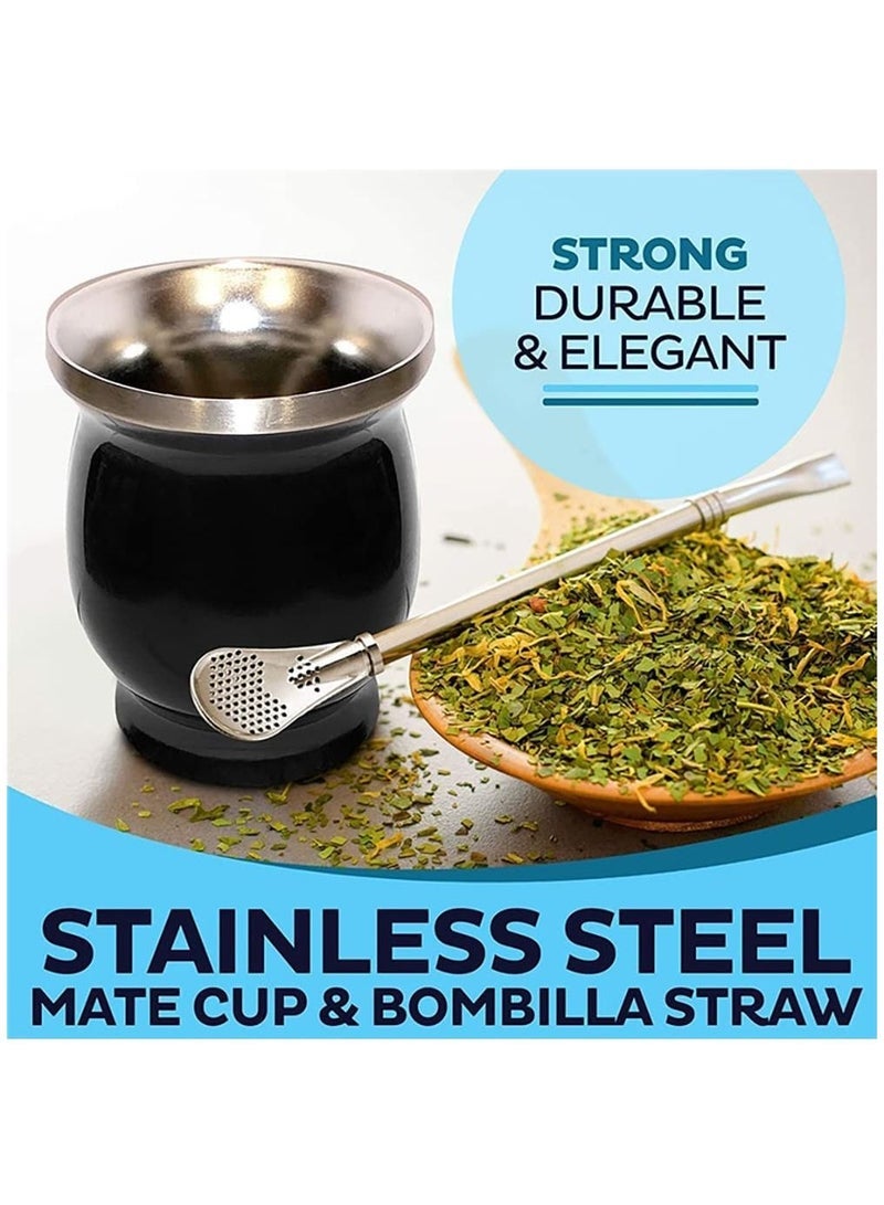Yerba Mate Tea Cup, Mate Gourds Cup with Straws and Cleaning Brush, Stainless Steel Double Wall Insulation Cup for Mate Loose Leaf, 8 Ounces (Black) - Image 4
