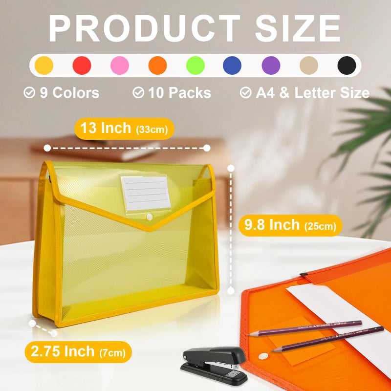 HOUYEE Pack of 10 Plastic Expanding File Folder,Multicolor Envelope File Folder Organizer Holder with Snap Closure,Expandable File Wallet Large Capacity, Fit Letter Size / A4 Documents - Image 2