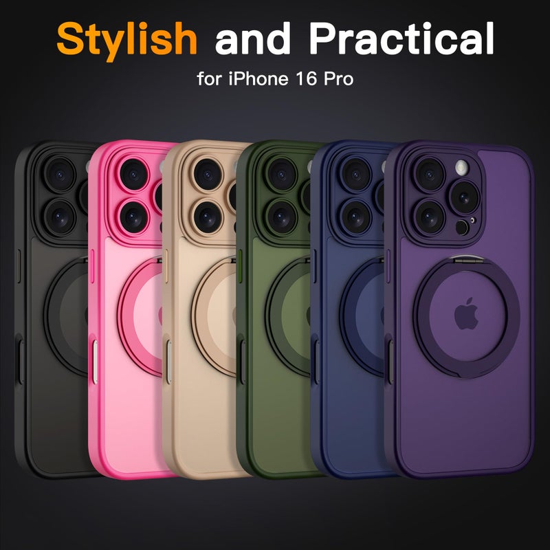 COOLQO for iPhone 16 Pro Case, Compatible with MagSafe, Translucent Matte, 360Â° Ring Holder Stand, Black - Image 2