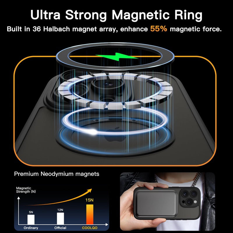 COOLQO for iPhone 16 Pro Case, Compatible with MagSafe, Translucent Matte, 360Â° Ring Holder Stand, Black - Image 5