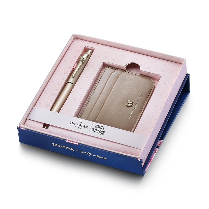 SHEAFFER قلم حبر جاف شيفر 100 Eip 9377 بلون الشمبانيا الذهبي مع تزيين ذهبي وحامل بطاقات ائتمان من الجلد الكامل - مجموعة هدايا - Image 2
