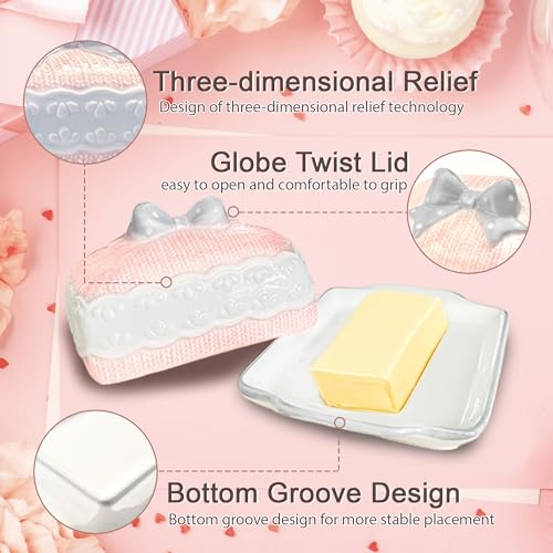 Happy Will Butter Dish With Lid 3D Relief Design-Say Goodbye To Softened Butter, Hand Drawn American Creative Pink Butter Dishes, Kitchen Utensil Ceramic Butter Tray, Smooth And Glossy Surface - Image 3