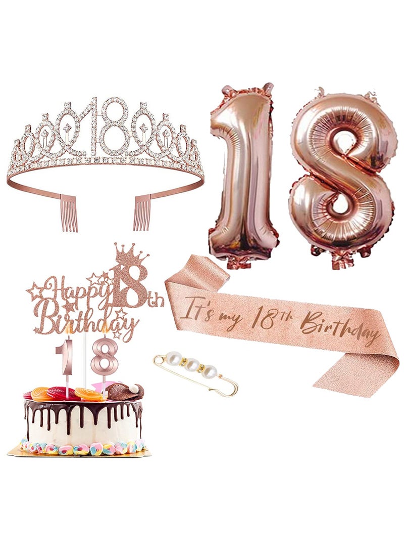 هاي هيلوك زينة عيد ميلاد 18 للفتيات ، بما في ذلك كعكة عيد ميلاد تبلغ من العمر 18 عاما ، وشاح ملكة عيد ميلاد مع دبوس لؤلؤي ، تاج تاج حجر الراين الحلو ، مجموعة شموع وبالونات أرقام ، ذهب وردي