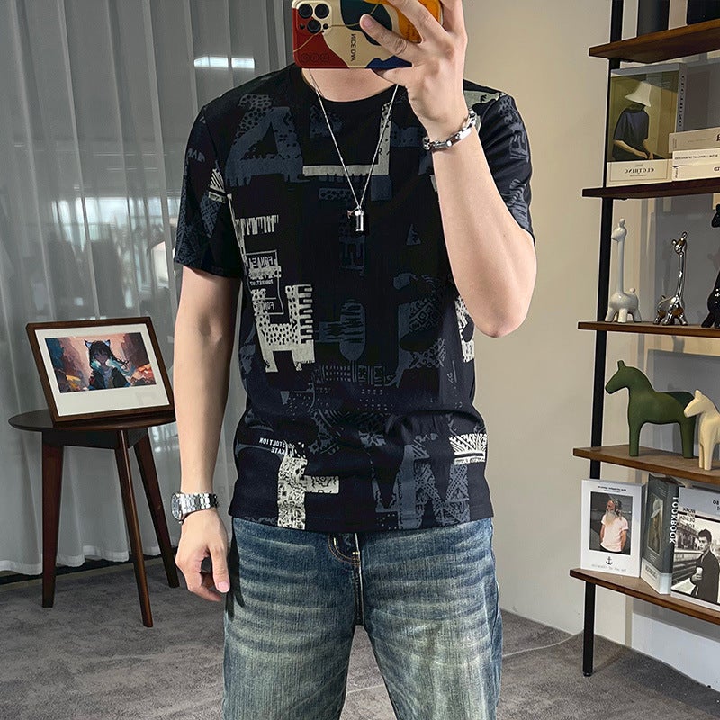 Big Full Flower Ice Silk Quick-Drying Casual Short-Sleeved T-Shirt Men'S Summer 2024 Round Neck Youth Clothes Slim-Fit Top All-Match - Image 3