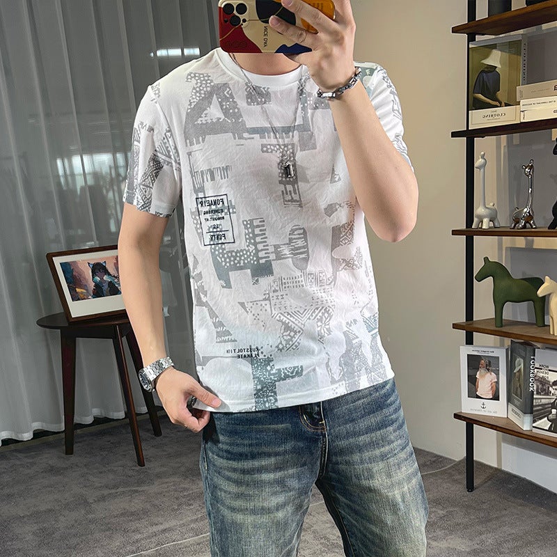 Big Full Flower Ice Silk Quick-Drying Casual Short-Sleeved T-Shirt Men'S Summer 2024 Round Neck Youth Clothes Slim-Fit Top All-Match - Image 4