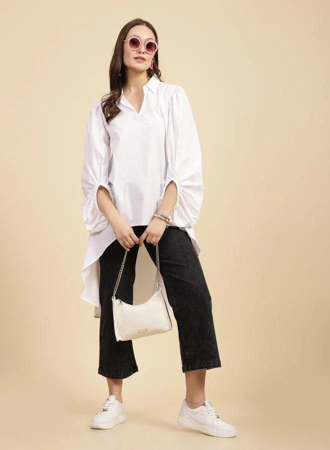 Freehand Women Loose Fit Solid High Low Shirt Dress