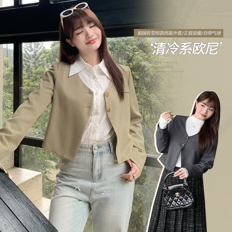 Elegant V-Neck Blazer Autumn Slim-Fit Plus-Size Jacket Carbon gray - Image 3