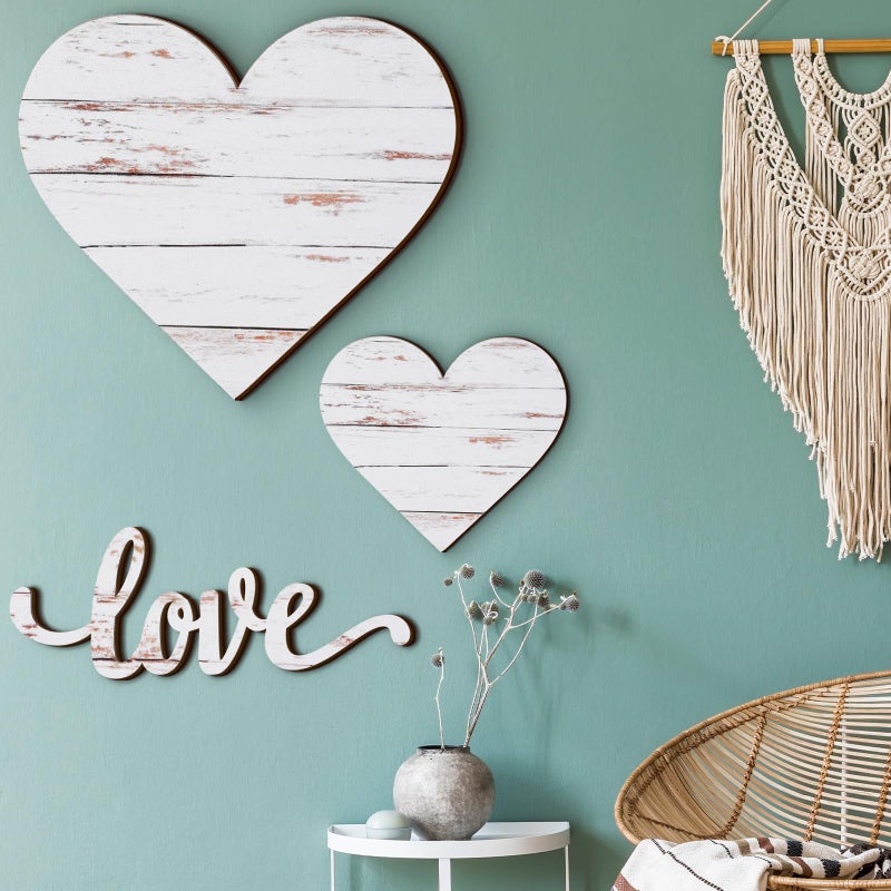 Chitidr 3 Pcs Wooden Hearts Decor Heart Wooden Sign Rustic Hanging Love Plaque for Wall Home Farmhouse Living Room Bedroom GiftsWhite
