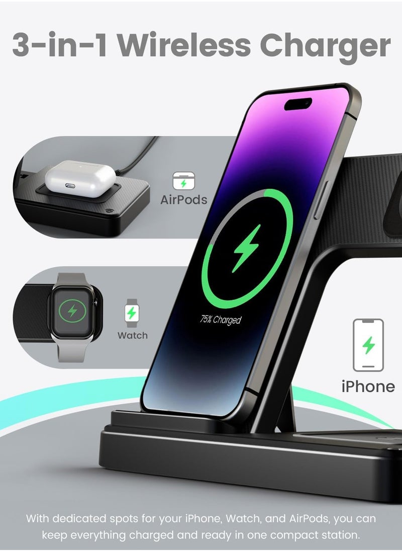 Beauenty - Wireless Charger iPhone Charging Station: 3 in 1 Charger Stand Multiple Devices for iPhone 16/15/14/13 /Plus/Pro/Pro Max/12/11 - Watch 10/9/8/Ultra 2/Ultra/SE/7/6/5/4/3/2 Series - AirPods 4/3/2/Pro - Image 1