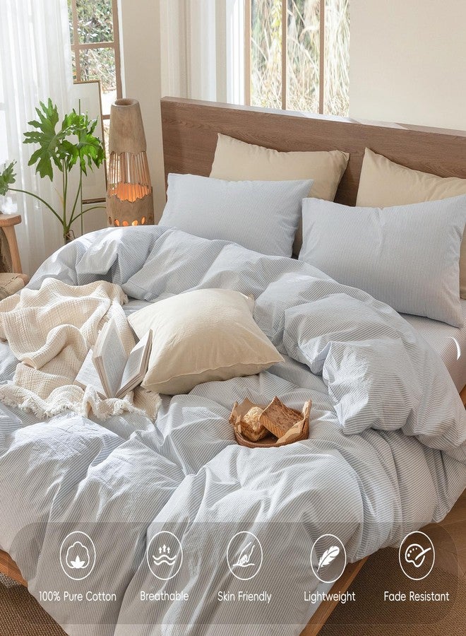 MooMee Striped Duvet Cover Set 100% Washed Cotton Linen Like Textured Breathable Durable Soft Comfy (Cornflower Blue White Pinstripes, Full 80"x90") - Image 4