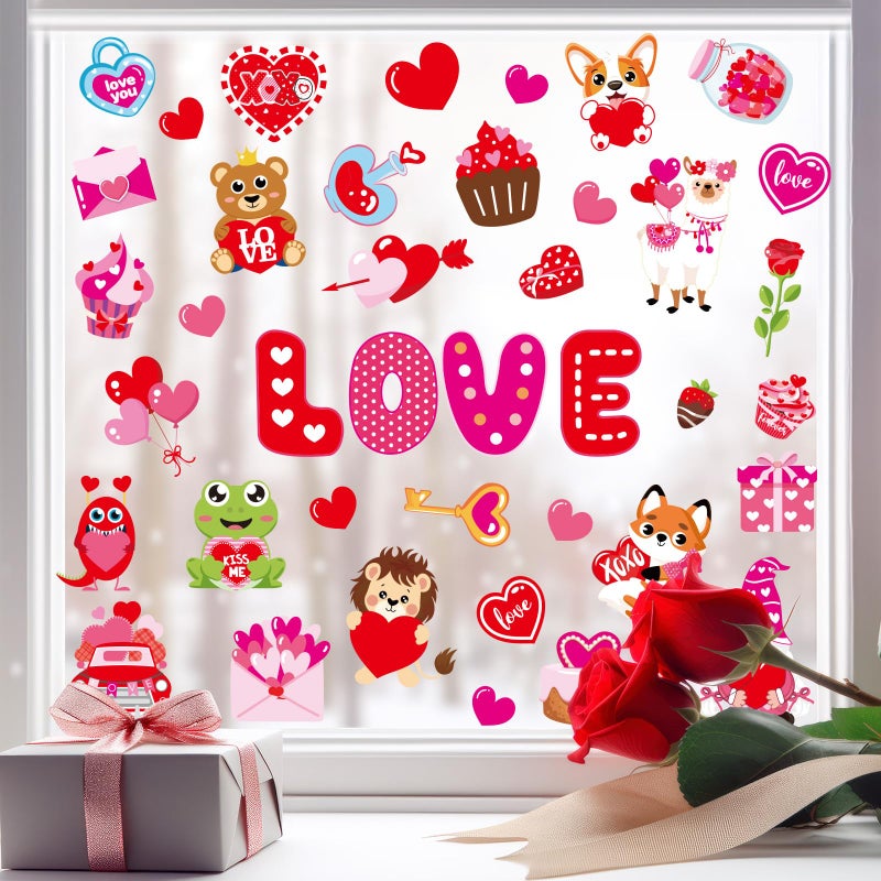 Whaline 9 Sheets Valentine's Day Cartoon Window Cling Stickers Red Pink Love Heart Cake Gnome Reusable Window Decals for Wedding Anniversary Party Home Office Classroom Decoration - Image 1