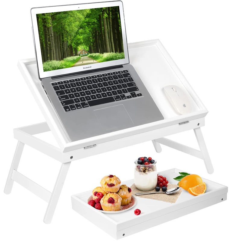 Artmeer Bamboo Lap Desks Bed Table White Breakfast Tray with Folding Legs Kitchen Serving Tray for Notebook Computer Bed Platters Desk Snack TrayWhite 
