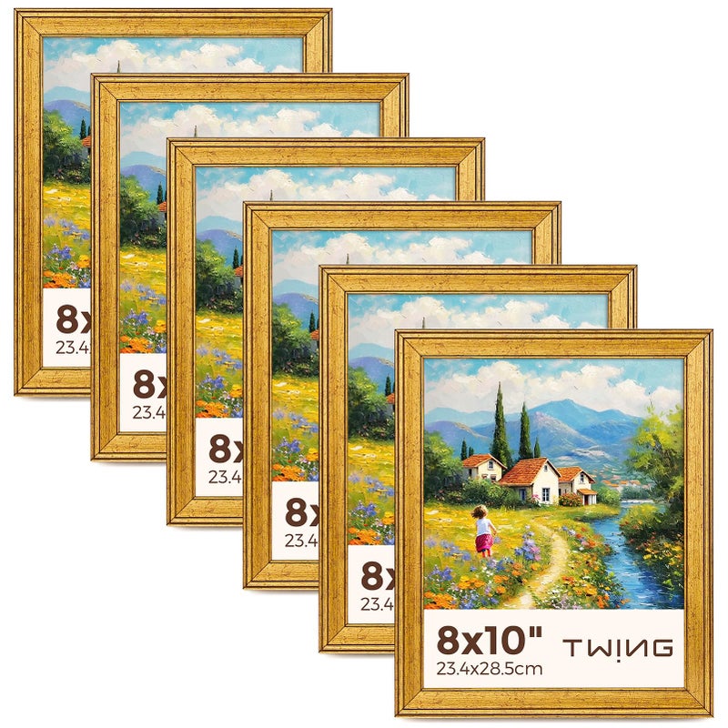 TWING 8x10 Gold Picture Frames Set of 6Rustic Gold Frames Display Pictures 5x7 with Mat or 8x10 without MatTabletop Display and Wall Mounting Collage Photo Frame Set for Wall Gallery