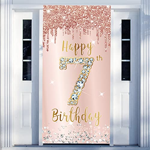 Excelloon 7th Birthday Door Banner Decorations for Girls Pink Rose Gold Happy 7 Door Cover Sign Party Supplies Seven Year Old Backdrop Poster Background Decor - Image 1