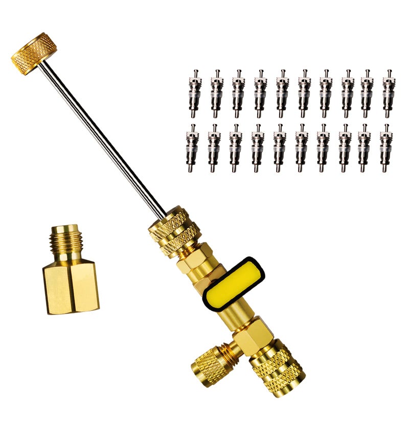 AutoWanderer Tool Valve Core Removal HVAC Tool AC Schrader Valve Removal Tool with Dual Size SAE 14  516 Port R410 R32 Brass Adapter Air Conditioning Line Repair Tools for Refrigeration