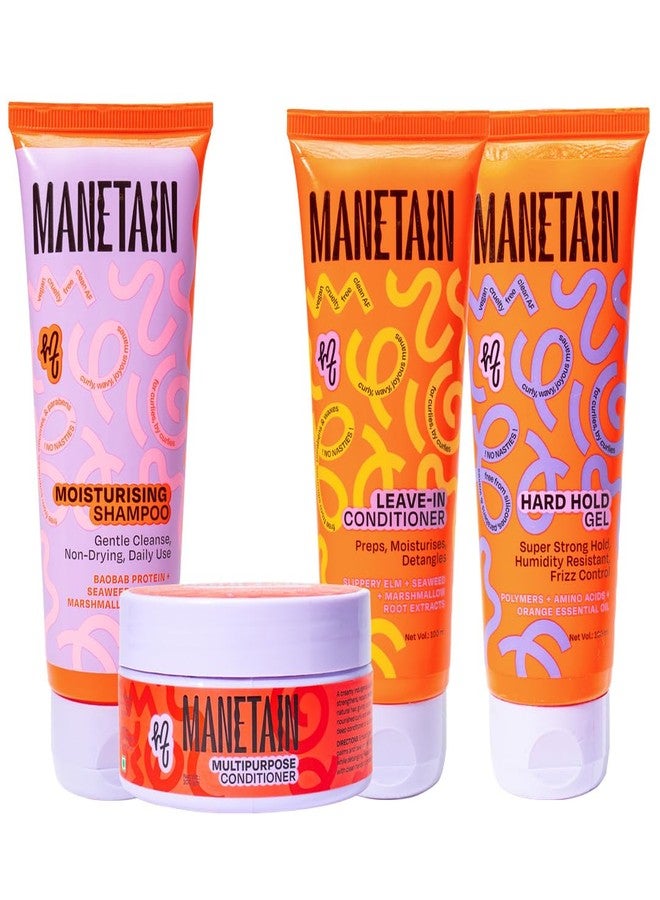 MANETAIN Washday Hold Bundle Mini Size - Complete Curly Hair Care Set | Moisturizing Shampoo 100ml | Multipurpose Conditioner 100gm | Leave-In Conditioner 100 ml and Hard Hold Gel 100 ml - Image 1