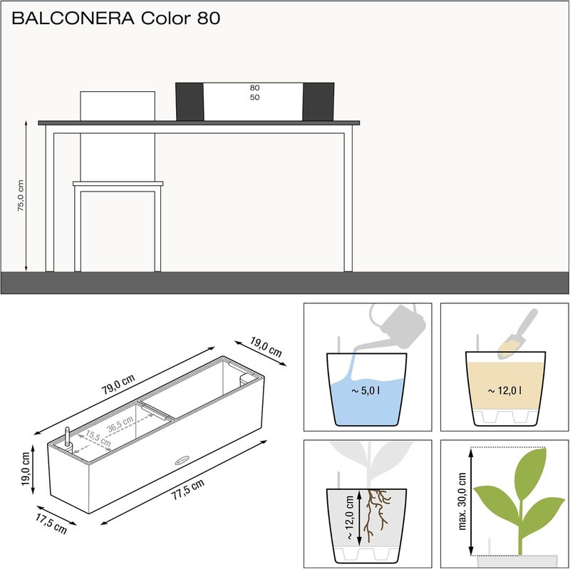 Lechuza Balconera Color 80 All-in-One (Matte Smooth) Self-Watering Garden Planter for Indoor and Outdoor Use, Slate - Image 3