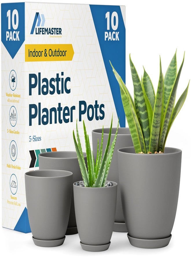 Lifemaster Planter Pots with Drainage Holes - Lightweight, Durable & Space-Saving Pots for Indoor and Outdoor - Versatile Functionality, Simple Modern Design, Set of 10 Plastic Planter Pots - Gray - Image 1