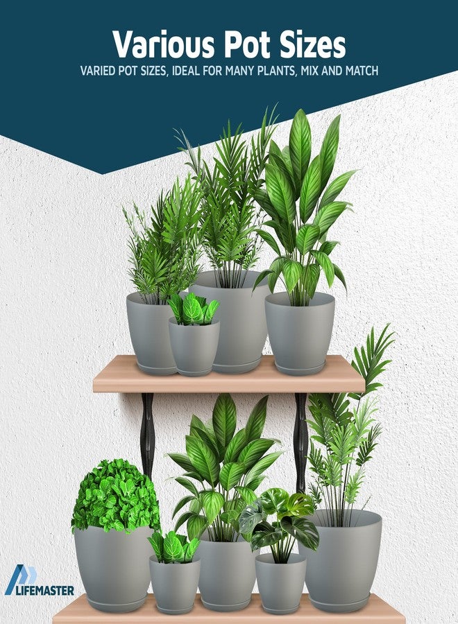 Lifemaster Planter Pots with Drainage Holes - Lightweight, Durable & Space-Saving Pots for Indoor and Outdoor - Versatile Functionality, Simple Modern Design, Set of 10 Plastic Planter Pots - Gray - Image 4