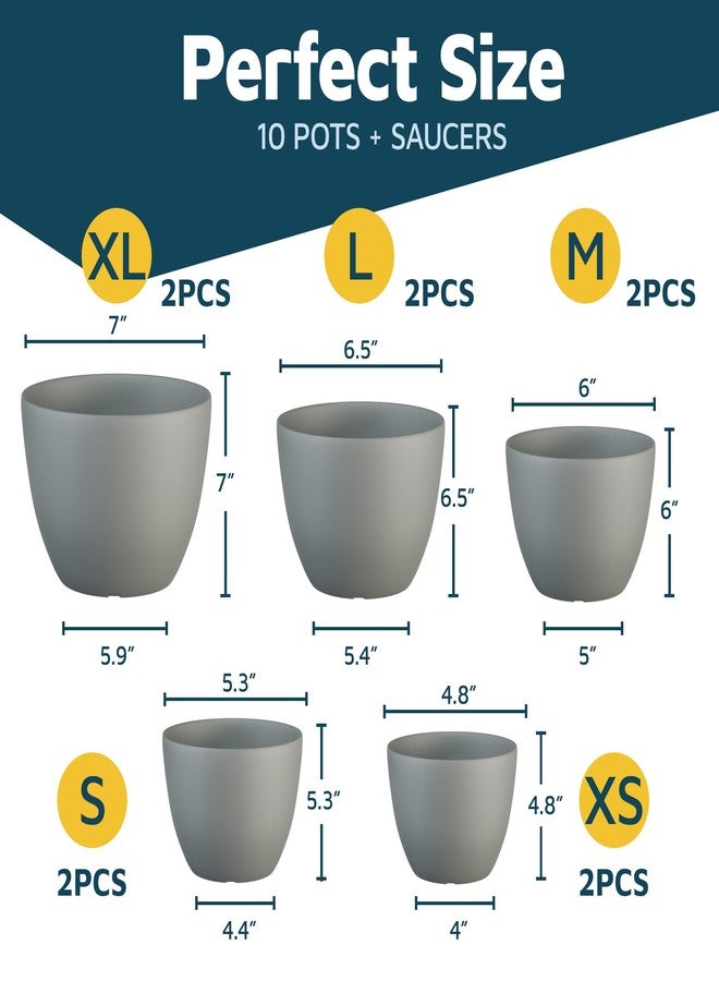 Lifemaster Planter Pots with Drainage Holes - Lightweight, Durable & Space-Saving Pots for Indoor and Outdoor - Versatile Functionality, Simple Modern Design, Set of 10 Plastic Planter Pots - Gray - Image 2