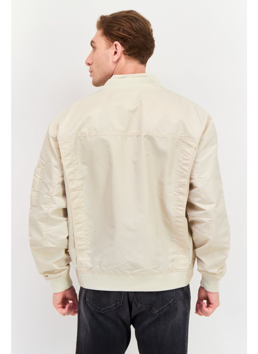 ESPRIT Men Band Collar Solid Bomber Jacket, Beige  - Image 4