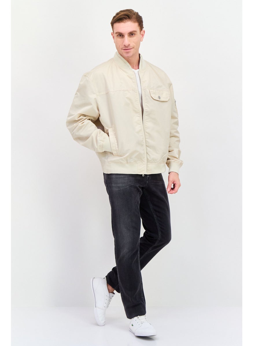 ESPRIT Men Band Collar Solid Bomber Jacket, Beige  - Image 2