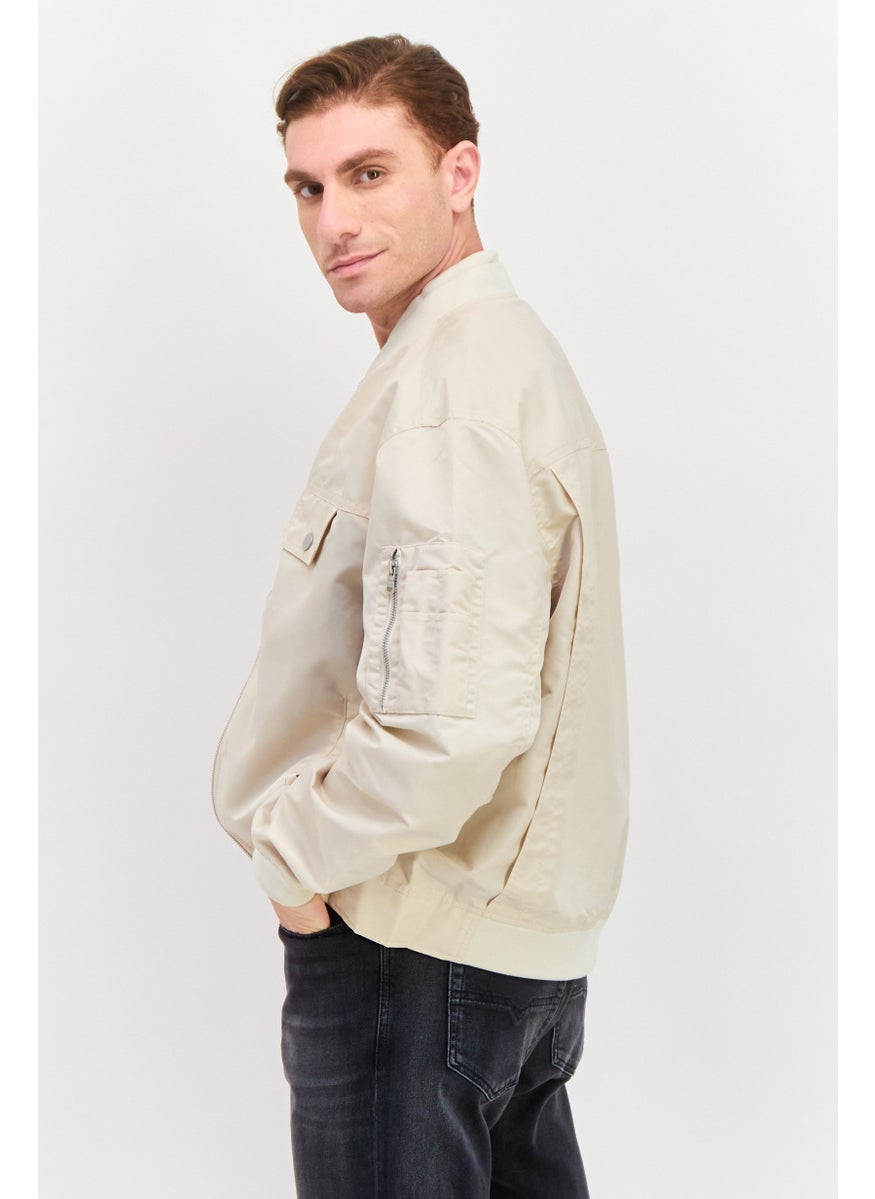 ESPRIT Men Band Collar Solid Bomber Jacket, Beige  - Image 3