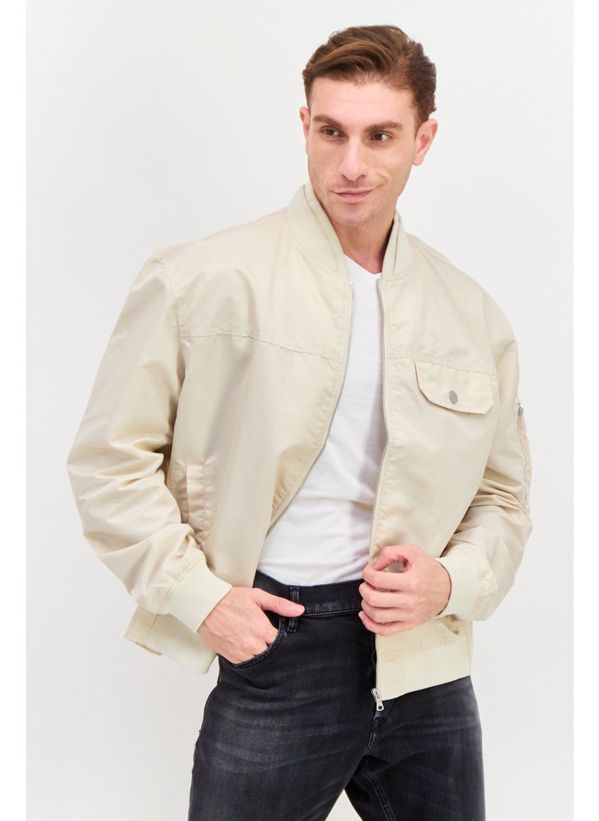 ESPRIT Men Band Collar Solid Bomber Jacket, Beige  - Image 1