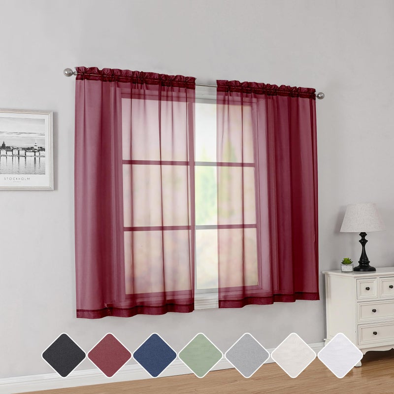 Simplebrand Red Short Sheer Curtains 45 Inch Length for Small Windows Rod Pocket 2 Panels Set Solid Voile Drapes Window Sheer Curtains for Bedroom Bathroom Kids Room Kitchen 42x45 Inch Burgundy