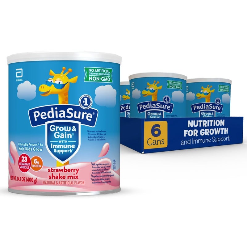 Pediasure بودرة مشروب بيديا شور جرو آند غين مع دعم المناعة، 23 فيتامين ومعادن، 6 جرام بروتين، غير معدلة وراثيًا، خالية من الجلوتين، تغذية الأطفال، نكهة الفراولة، 14.1 أونصة، عبوة من 6-48 حصة - Image 1