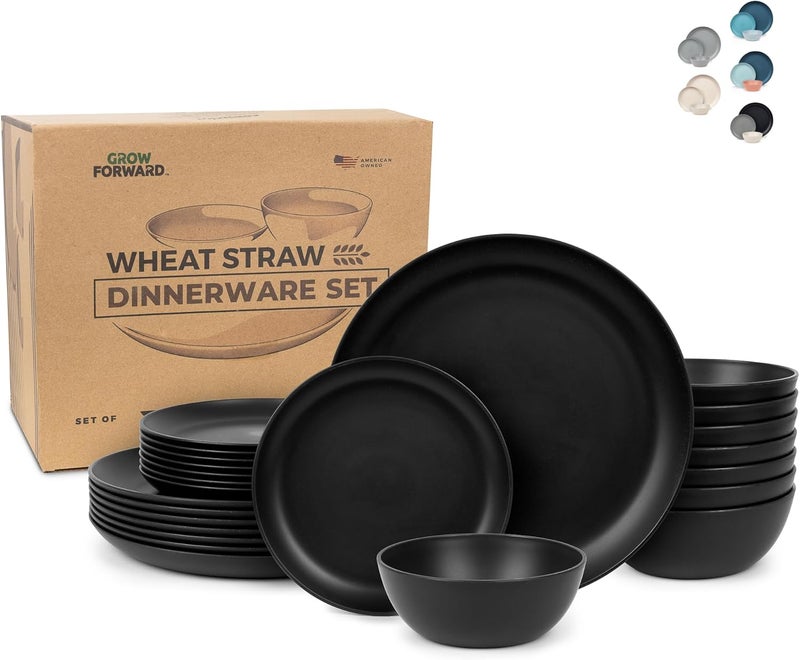Grow Forward 24piece Premium Wheat Straw Dinnerware Sets for 8  Unbreakable Dishwasher  Microwave Safe Plastic Plates and Bowls Sets  Patio Outdoors RV Camping Dishes  Midnight - Image 1