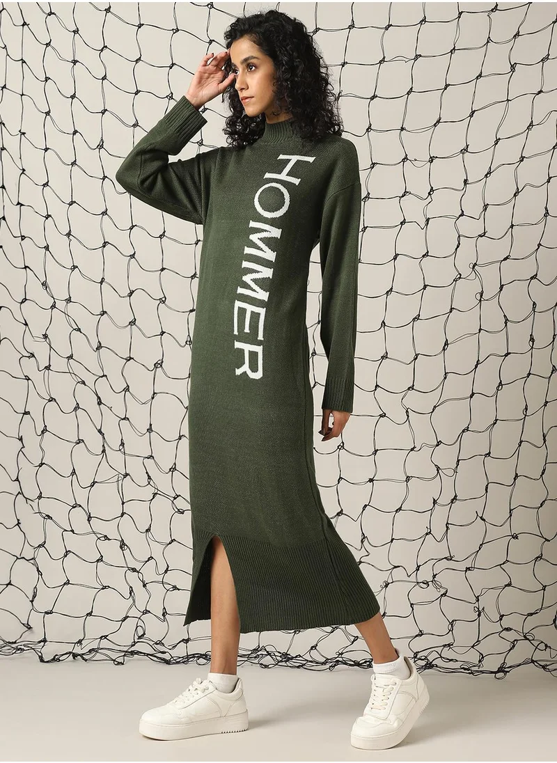 هوبرهولمي Women's Olive 100% Acrylic Solid Midi Bodycon Loose Fit Dress