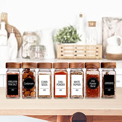 Churboro 36 Glass Spice Jars with 547 Labels with Shaker Lids - 4 Oz Square Spice Containers with Acacia Wood Lids, Chalk Pen, Funnel Seasoning Jars for Spice Rack, Cabinet, or Drawer - Image 2