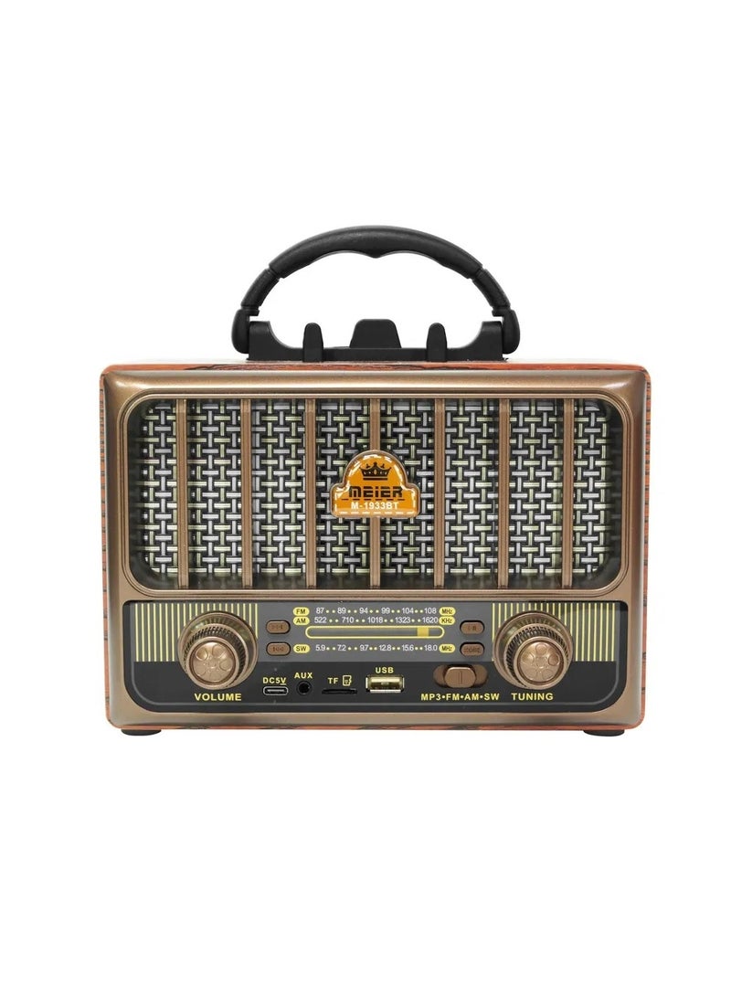 M-1933BT Bluetooth Radio with FM/AM/SW Bands, Rechargeable Battery, AUX/TF Port-BROWN - Image 1