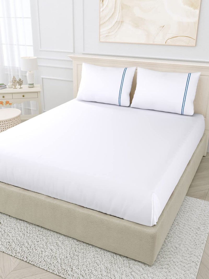 LINENWALAS 400 TC White Bedsheet Cotton with 2 Marrow Embroidery Pillow Covers|Softest Long Staple 100% Cotton Silky Soft - Queen (90"x100") - Blue Marrow Embroidery - Image 3