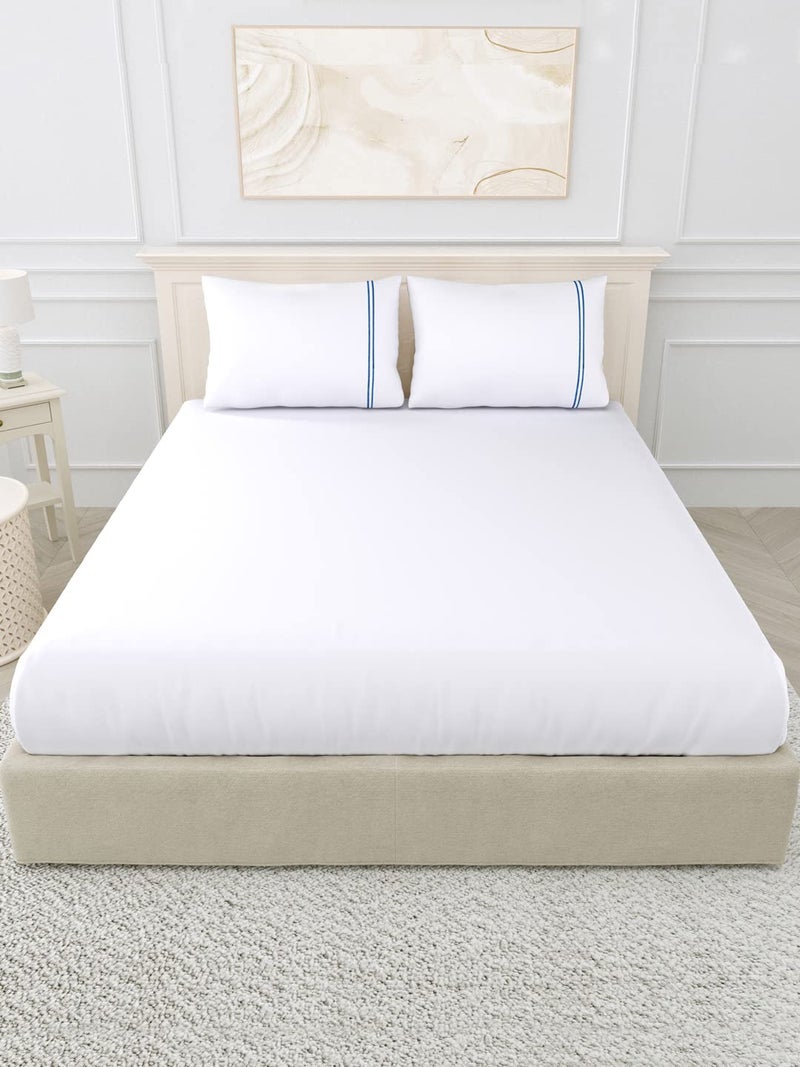 LINENWALAS 400 TC White Bedsheet Cotton with 2 Marrow Embroidery Pillow Covers|Softest Long Staple 100% Cotton Silky Soft - Queen (90"x100") - Blue Marrow Embroidery - Image 2