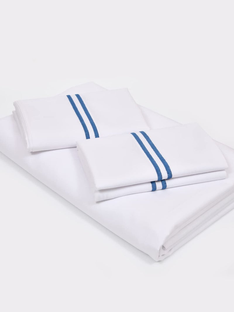 LINENWALAS 400 TC White Bedsheet Cotton with 2 Marrow Embroidery Pillow Covers|Softest Long Staple 100% Cotton Silky Soft - Queen (90"x100") - Blue Marrow Embroidery - Image 4