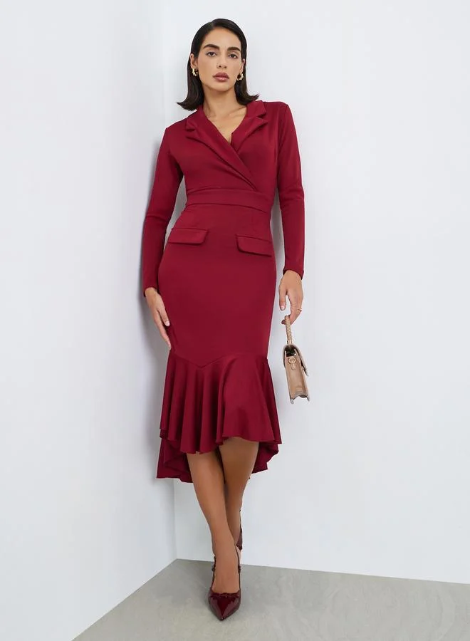 Styli Maroon Mermaid Hem Blazer Midi Dress